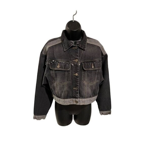 Shein Women’s Black Cropped Denim Jacket Small Distressed Frayed Hem Pockets - Picture 1 of 10